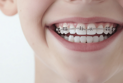 Close-up of a kid's mouth wearing braces, representing best age for early orthodontic treatment