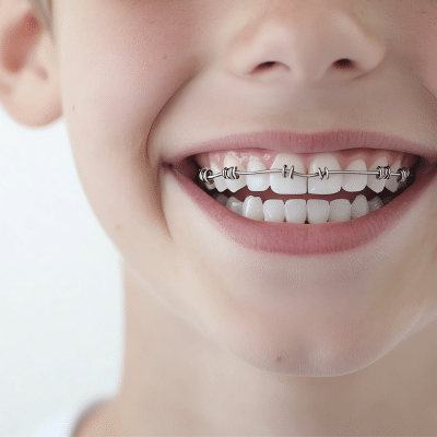 Close-up of a kid's mouth wearing braces, representing best age for early orthodontic treatment